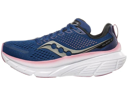 Women's Saucony Guide 17. Dark Blue upper. White midsole. Lateral view.