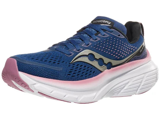 Women's Saucony Guide 17. Dark Blue upper. White midsole. Lateral view.