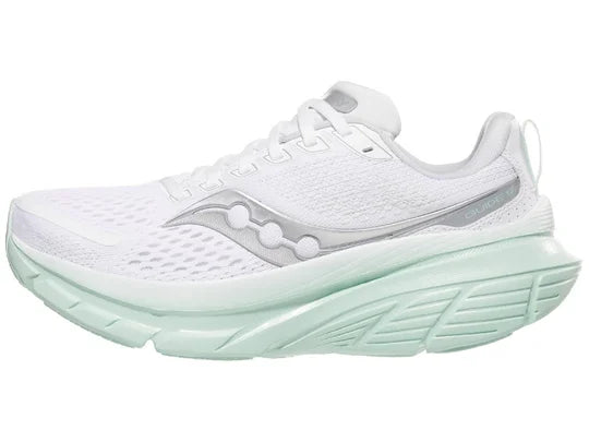 Women's Saucony Guide 17. White upper. Mint midsole. Lateral view.
