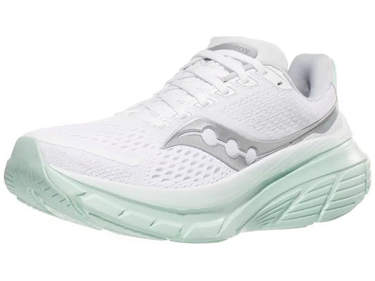 Women's Saucony Guide 17. White upper. Mint midsole. Lateral view.