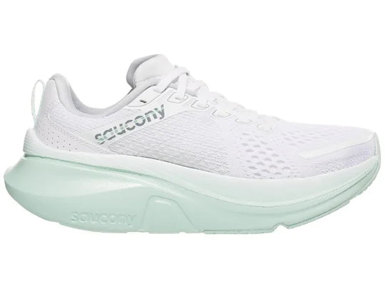 Women's Saucony Guide 17. White upper. Mint midsole. Medial view.