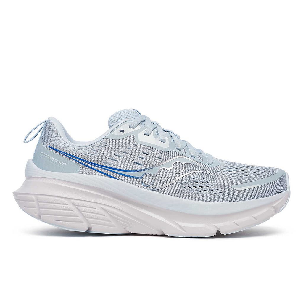 Women's Saucony Guide 18. Light Blue upper. White midsole. Lateral view.