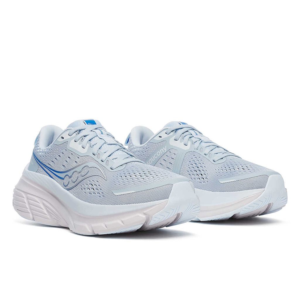 Women's Saucony Guide 18. Light Blue upper. White midsole. Lateral view.