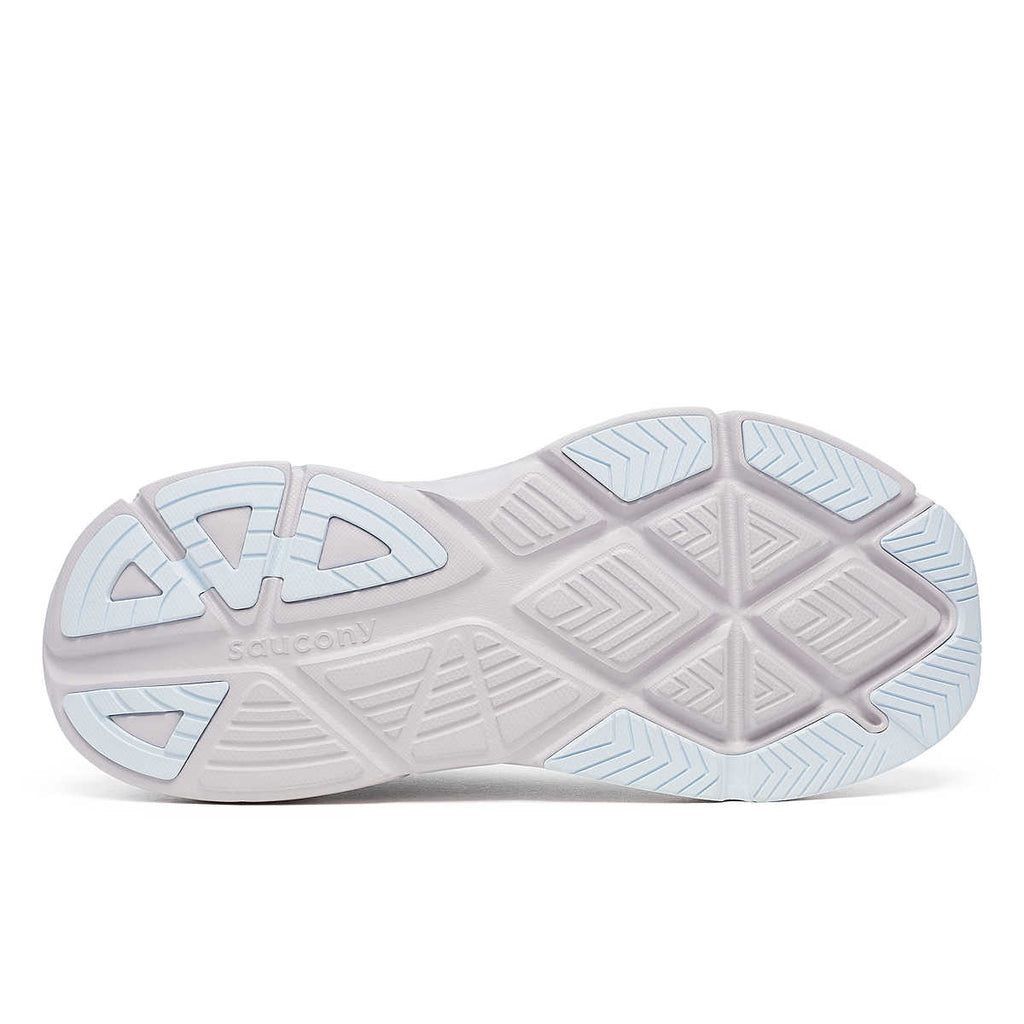 Women's Saucony Guide 18. Light Blue upper. White midsole. Bottom view.