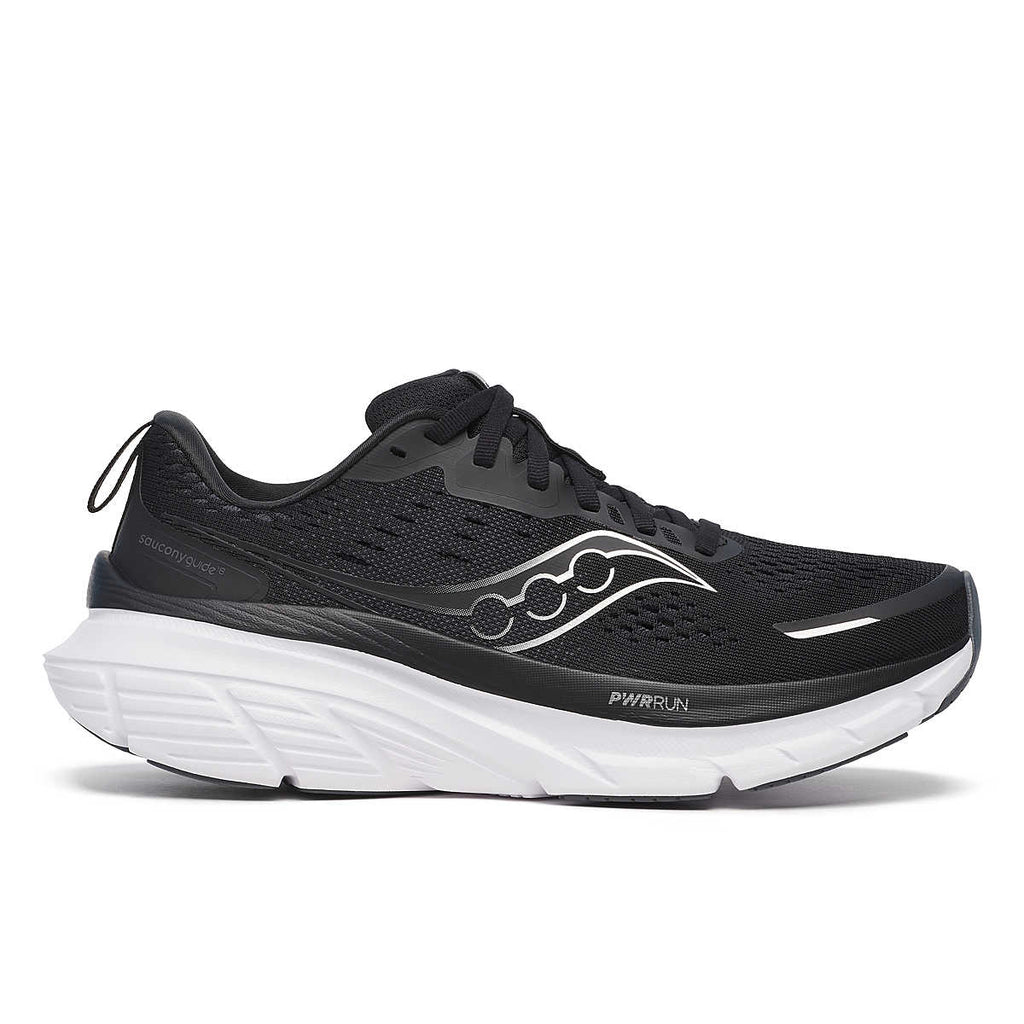 Women's Saucony Guide 18. Black upper. White midsole. Lateral view.