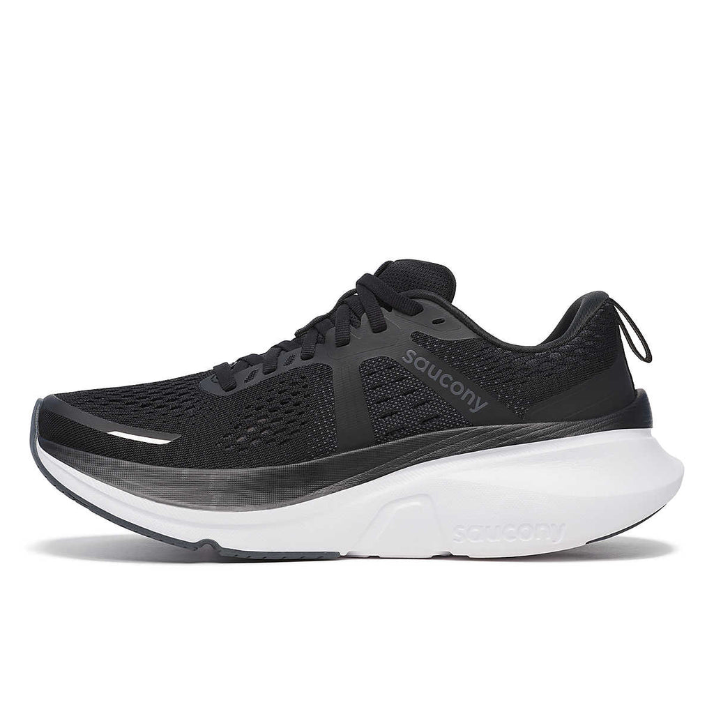 Women's Saucony Guide 18. Black upper. White midsole. Medial view.