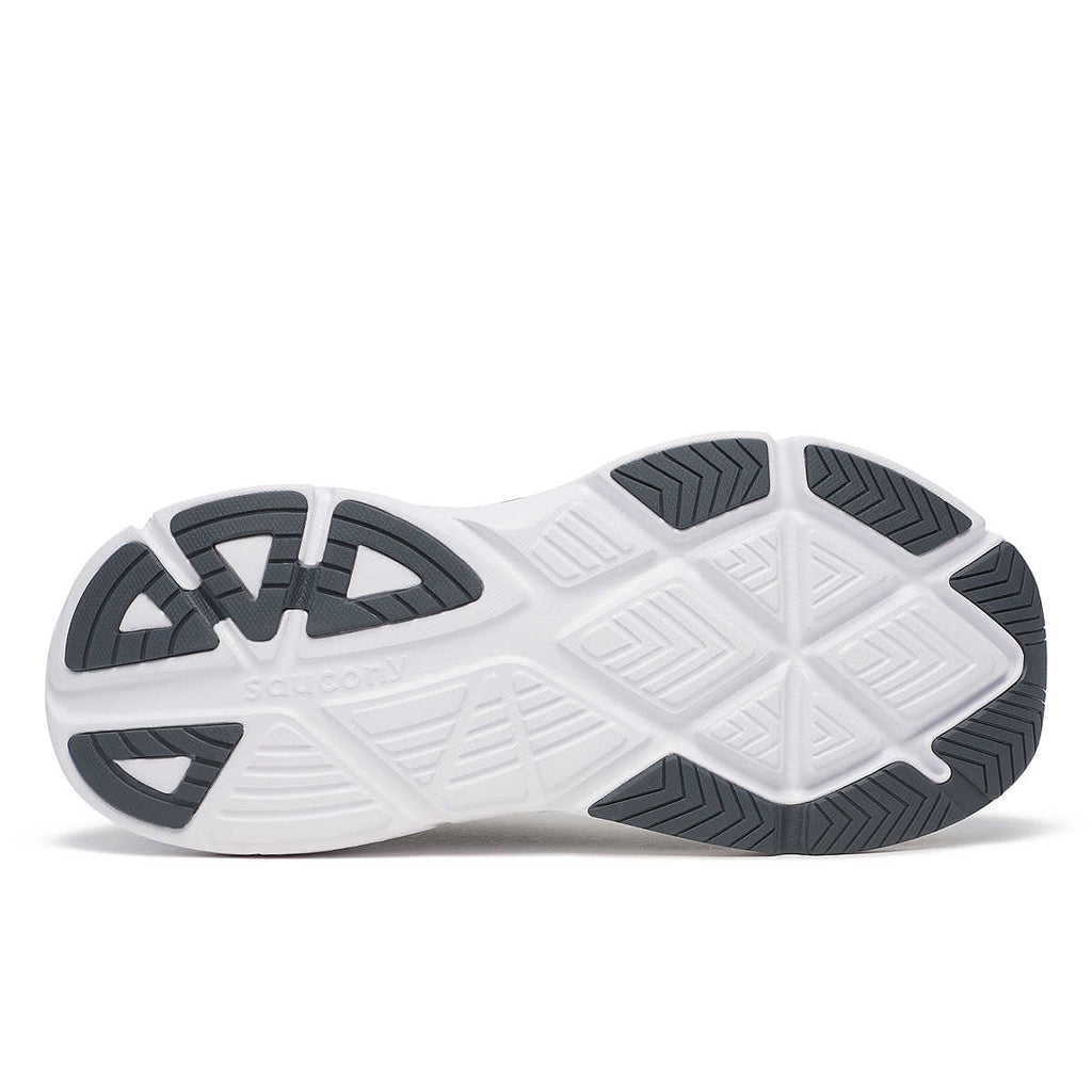 Women's Saucony Guide 18. Black upper. White midsole. Bottom view.