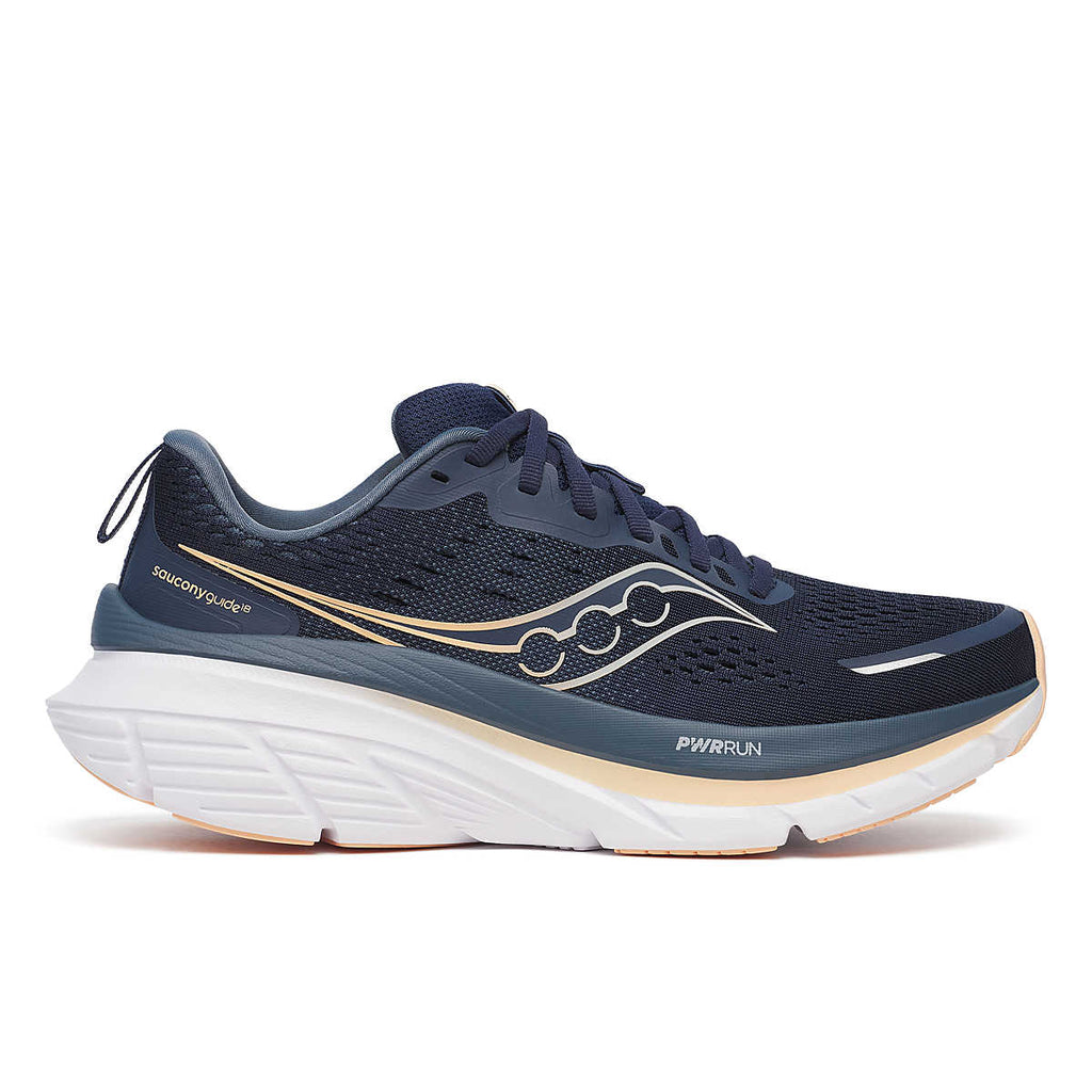 Women's Saucony Guide 18. Navy upper. White midsole. Lateral view.