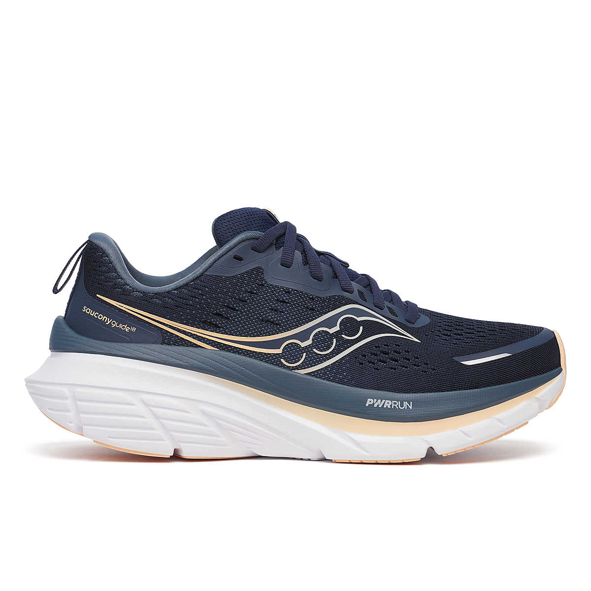 Women's Saucony Guide 18. Navy/Apricot. Lateral view.