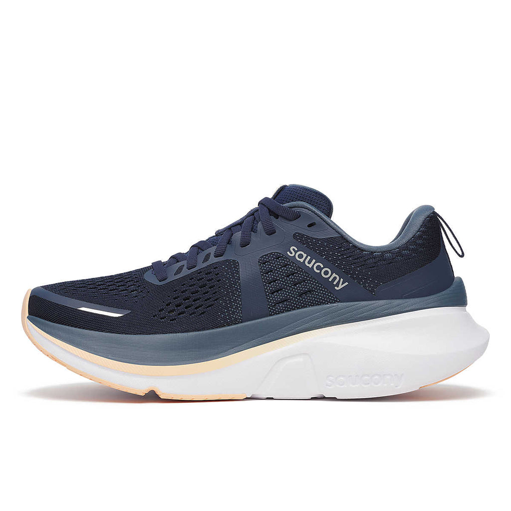 Women's Saucony Guide 18. Navy upper. White midsole. Medial view.
