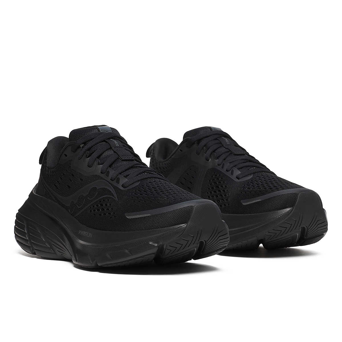 Women's Saucony Guide 18. Black upper. Black midsole. Angled lateral view.