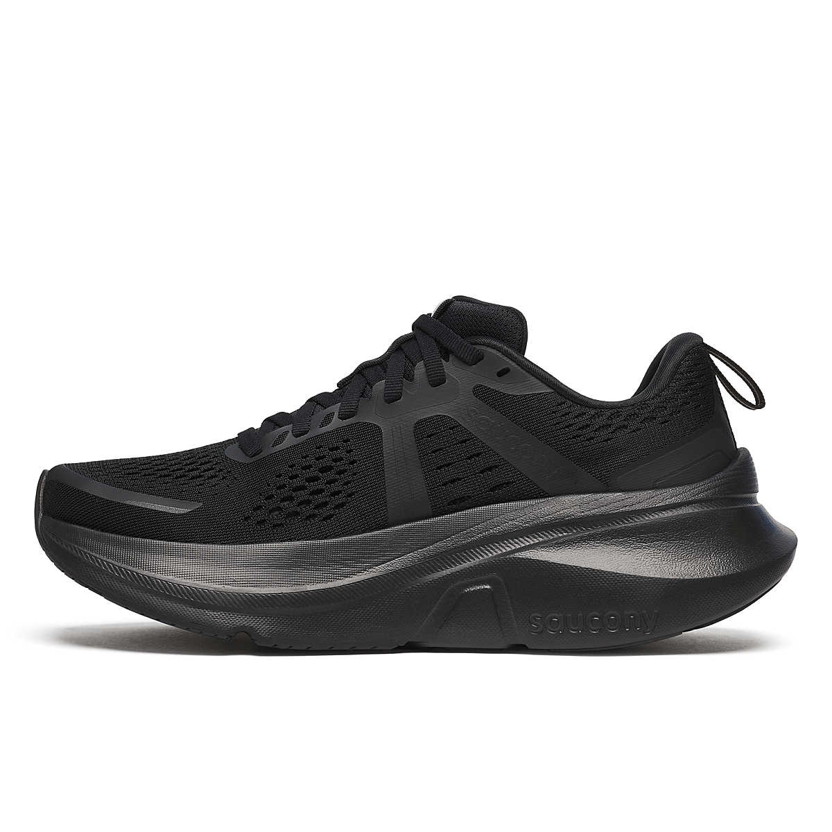 Women's Saucony Guide 18. Black upper. Black midsole. Medial view.