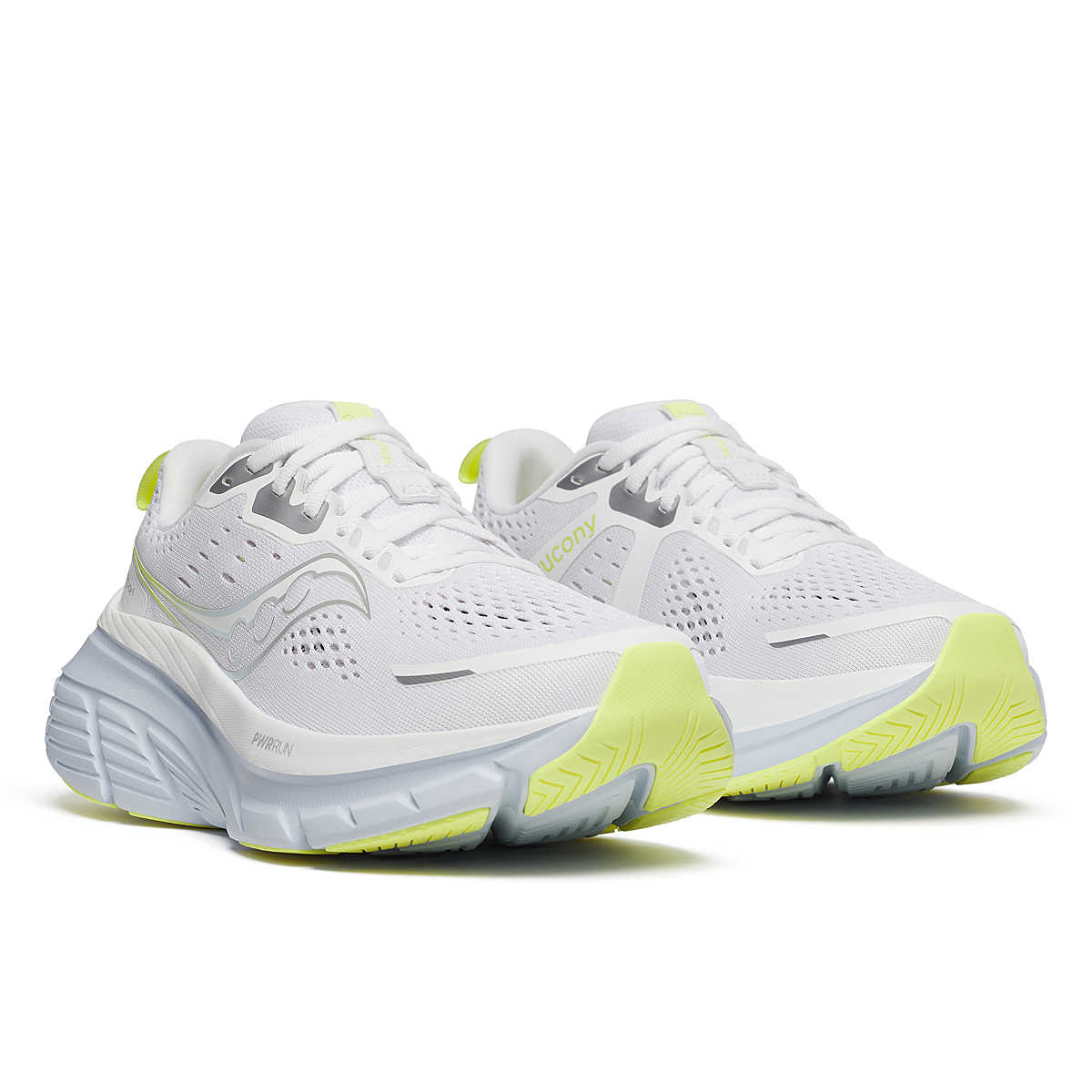 Women's Saucony Guide 18. White/Ice Melt. Lateral view.