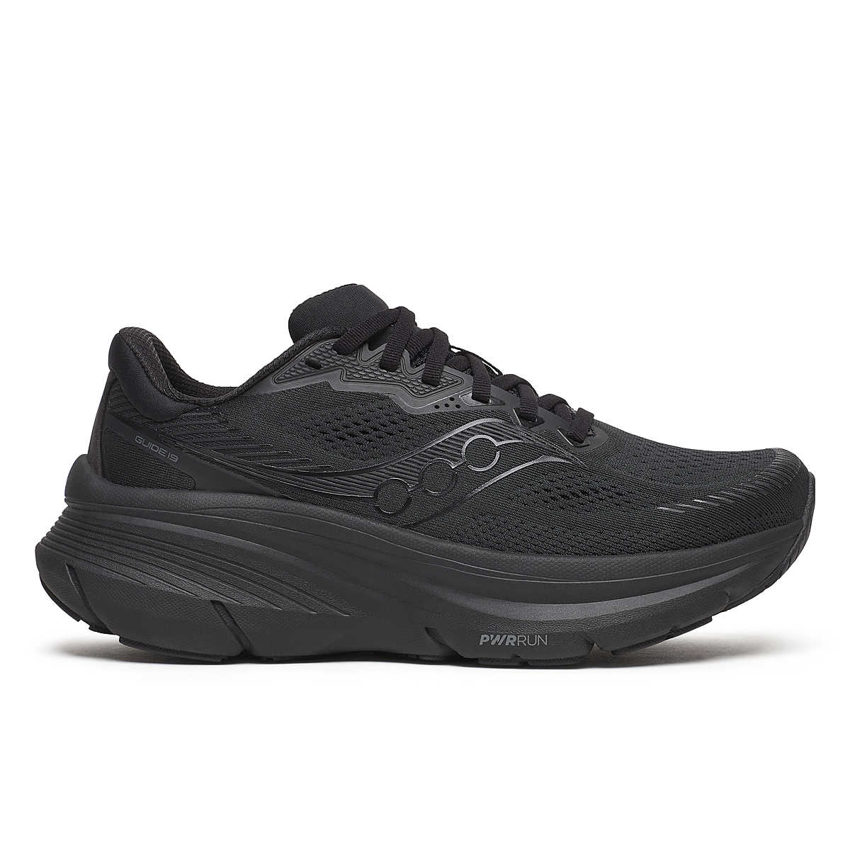 Women's Saucony Guide 19. Black upper. Black midsole. Lateral view.