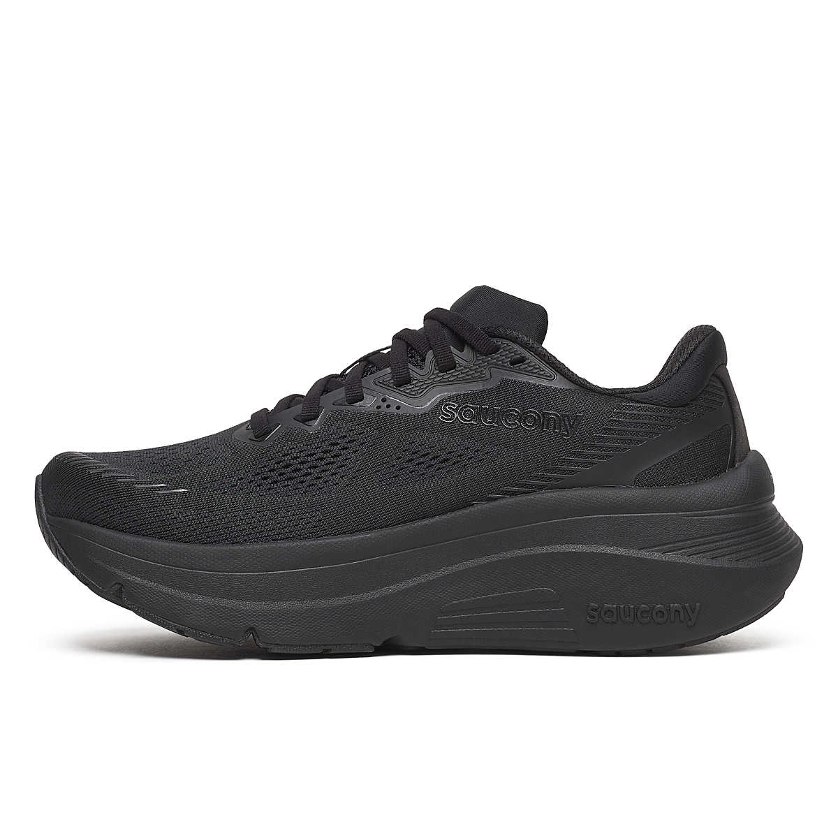 Women's Saucony Guide 19. Black upper. Black midsole. Medial view.