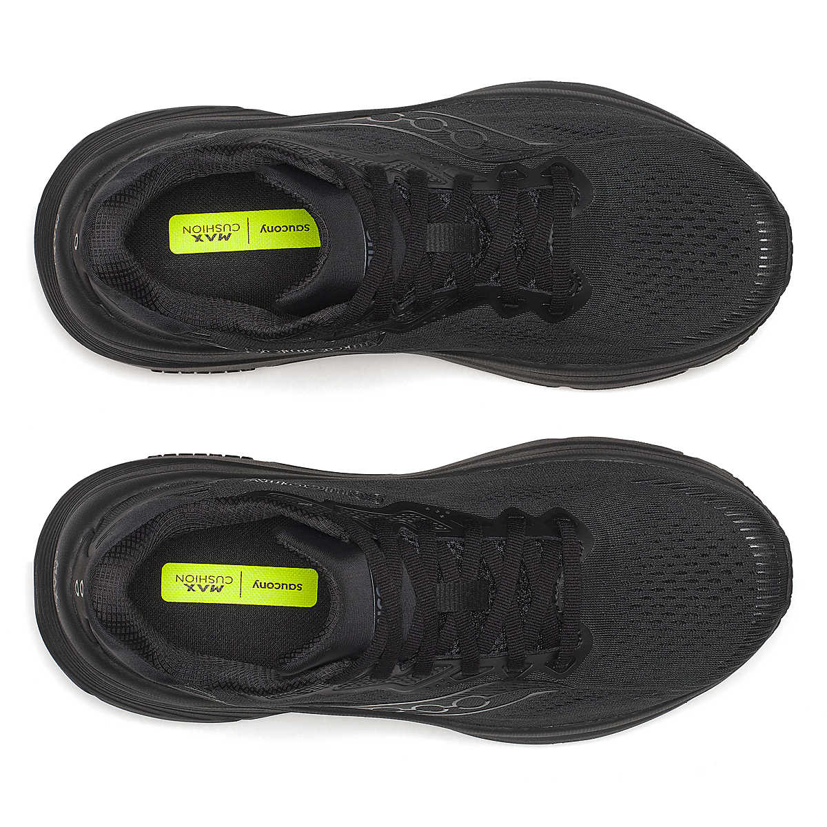 Women's Saucony Guide 19. Black upper. Black midsole. Top view.