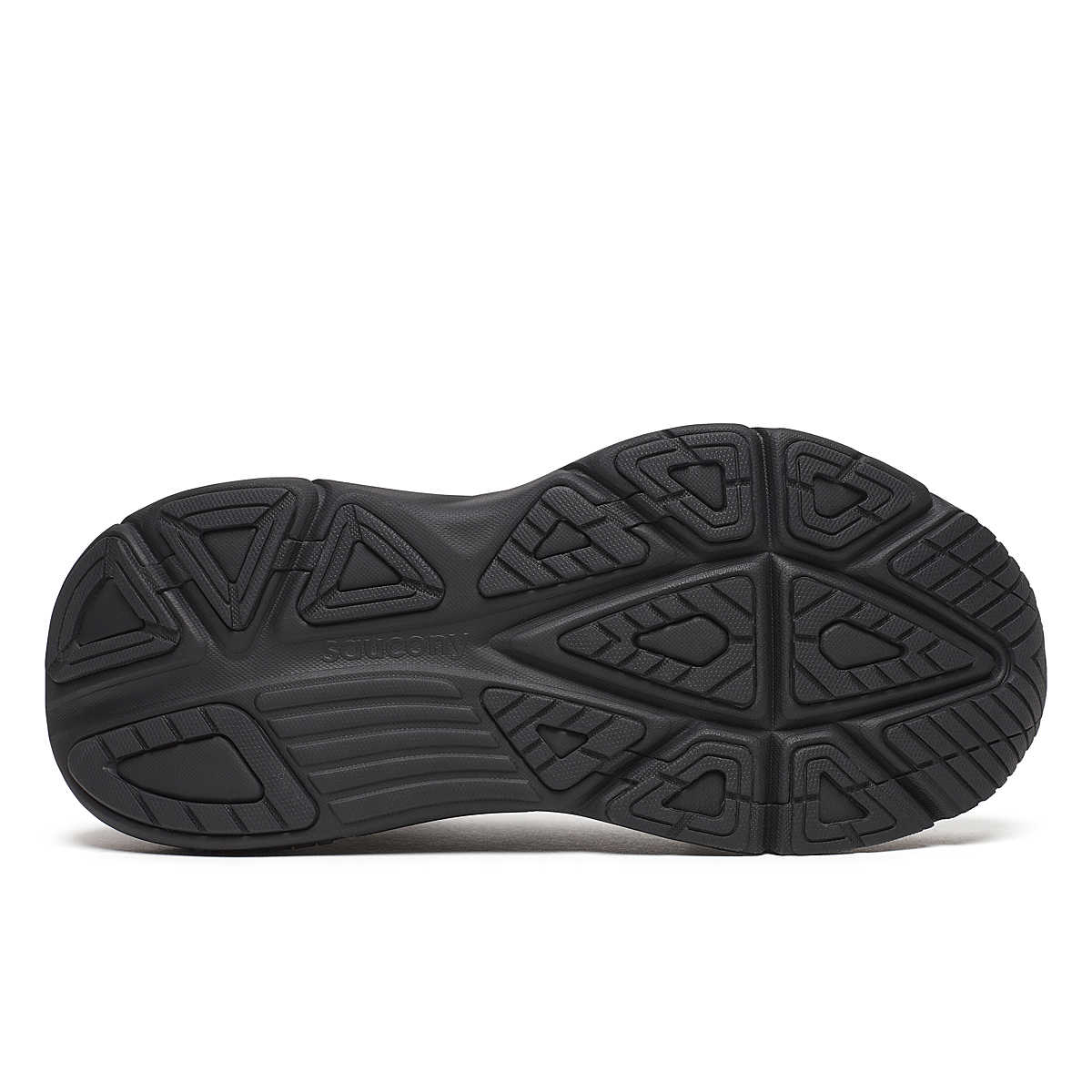 Women's Saucony Guide 19. Black upper. Black midsole. Bottom view.