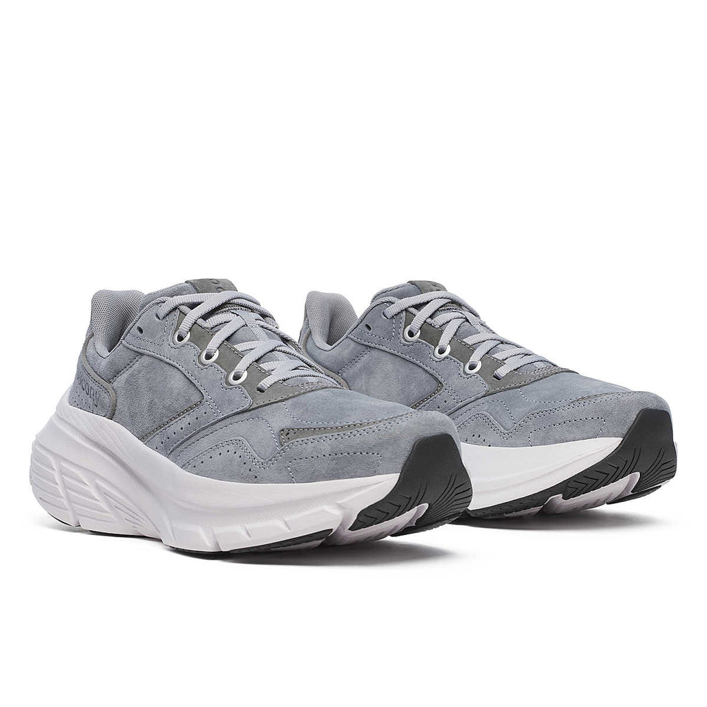 Women's Saucony Guide Metro LE. Grey upper. White midsole. Lateral view.