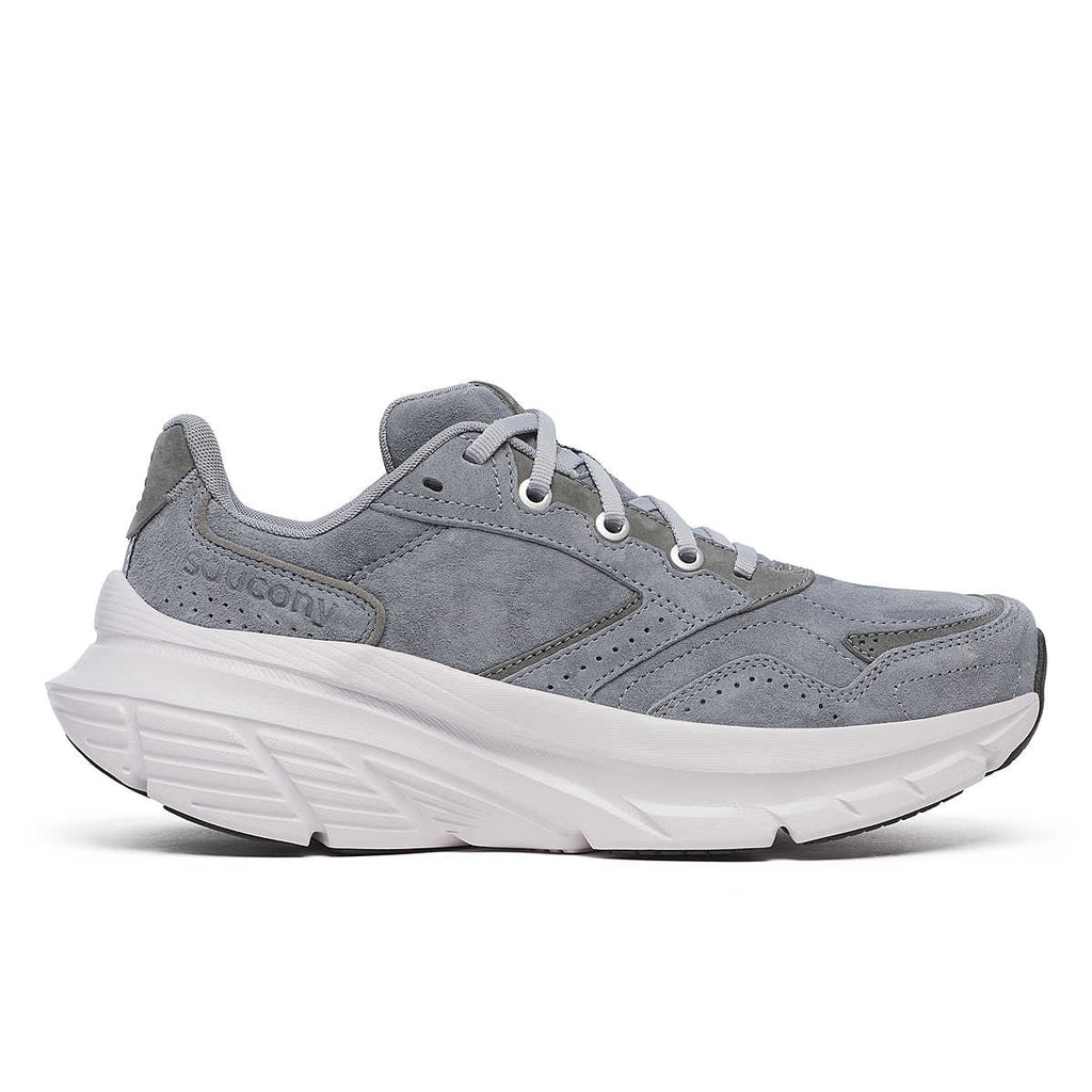 Women's Saucony Guide Metro LE. Grey upper. White midsole. Lateral view.