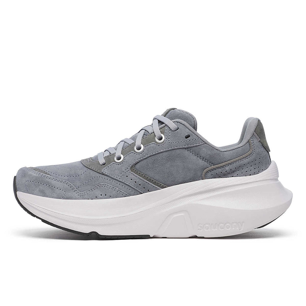 Women's Saucony Guide Metro LE. Grey upper. White midsole. Medial view.