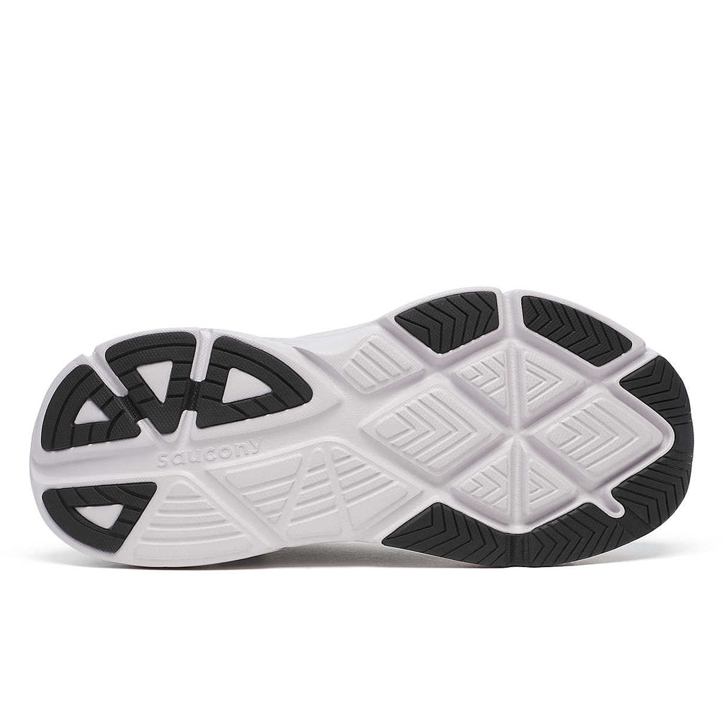 Women's Saucony Guide Metro LE. Grey upper. White midsole. Bottom view.