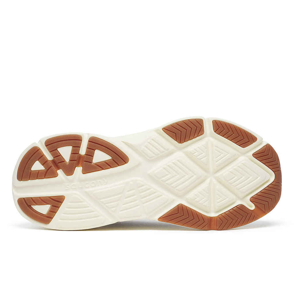 Women's Saucony Guide Metro. White midsole. White/Tan outsole. Bottom view.