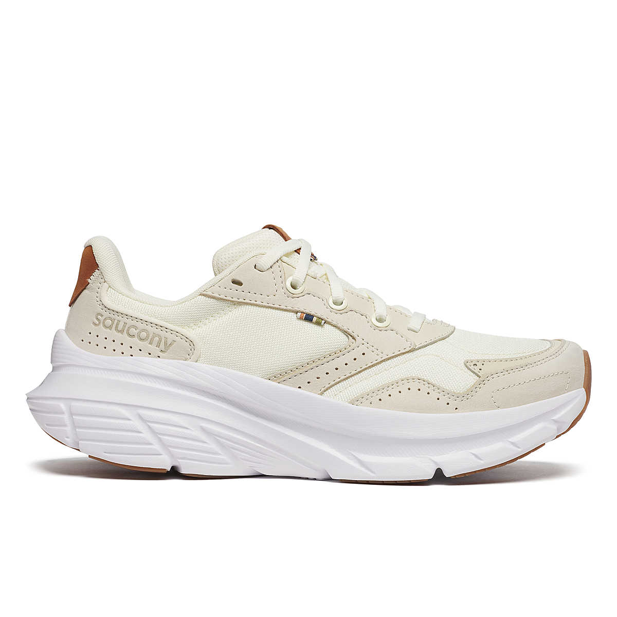 Women's Saucony Guide Metro. Beige upper. White midsole. Lateral view.