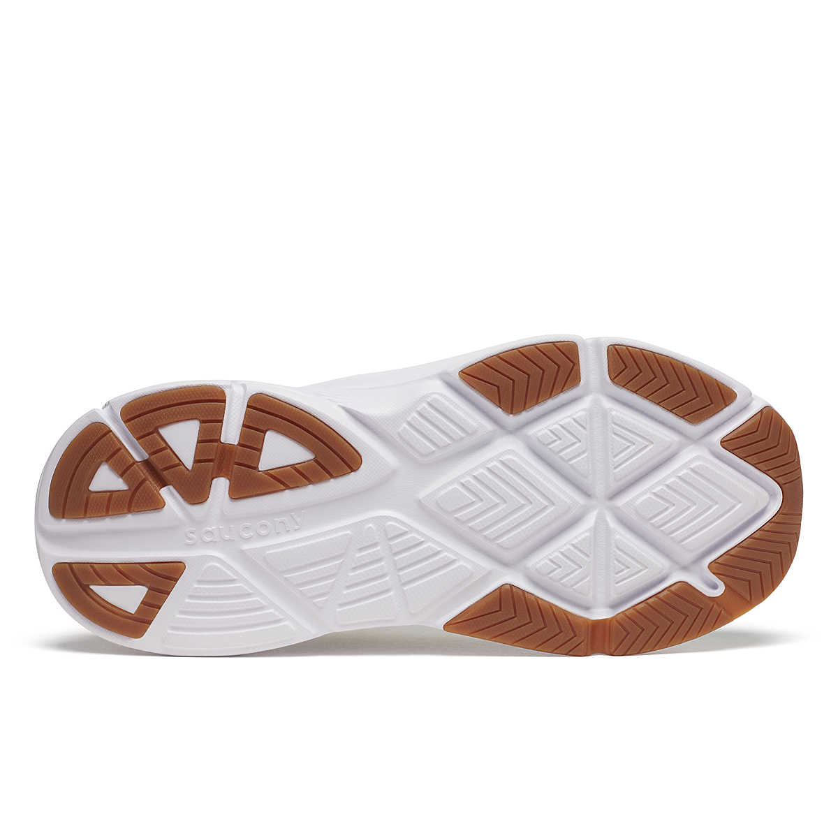 Women's Saucony Guide Metro. Beige upper. White midsole. Bottom view.