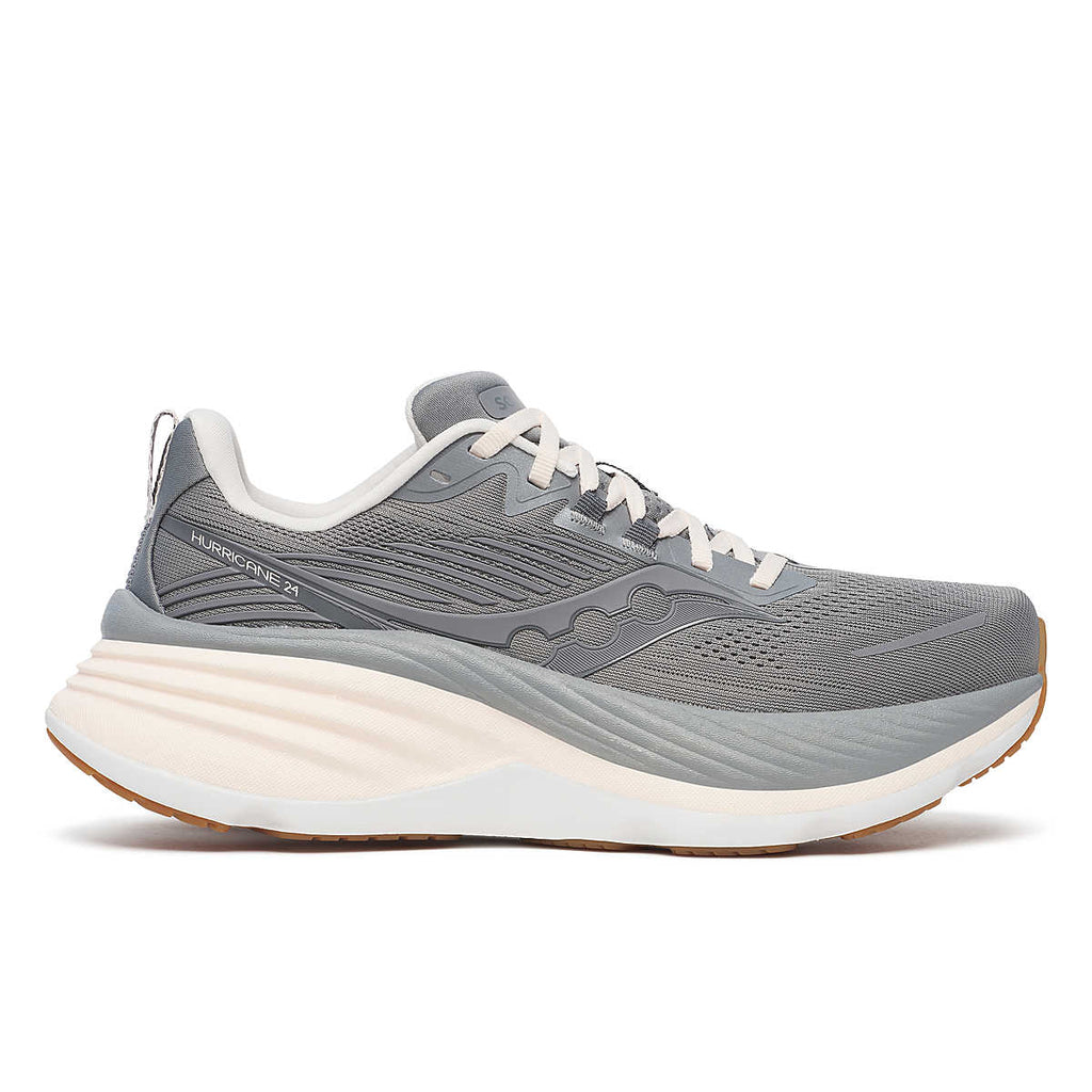 Women's Saucony Hurricane 24. Grey upper. White/Off White midsole. Lateral view.