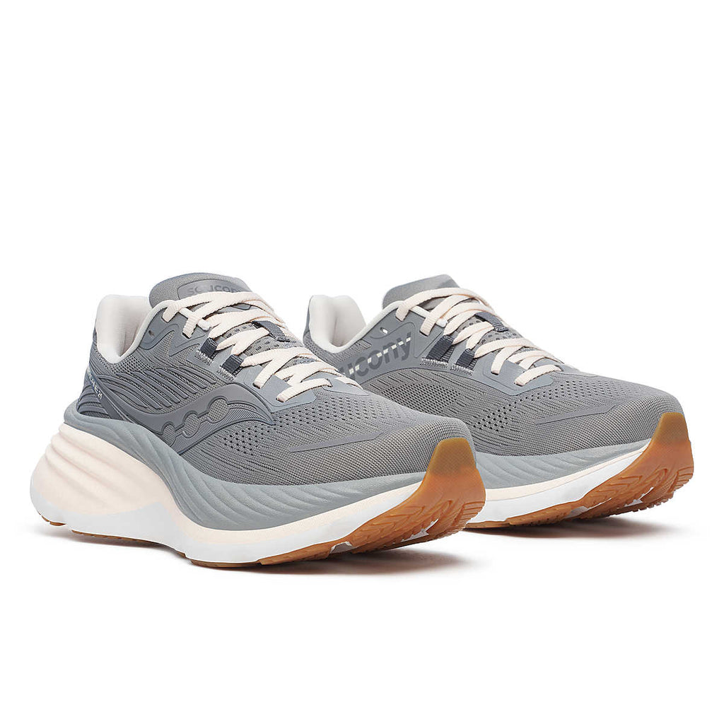Women's Saucony Hurricane 24. Grey upper. White/Off White midsole. Lateral view.