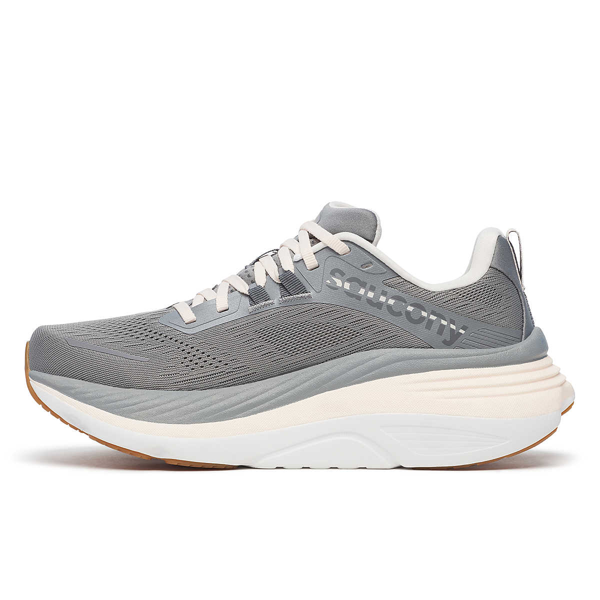 Women's Saucony Hurricane 24. Grey upper. White/Off White midsole. Medial view.