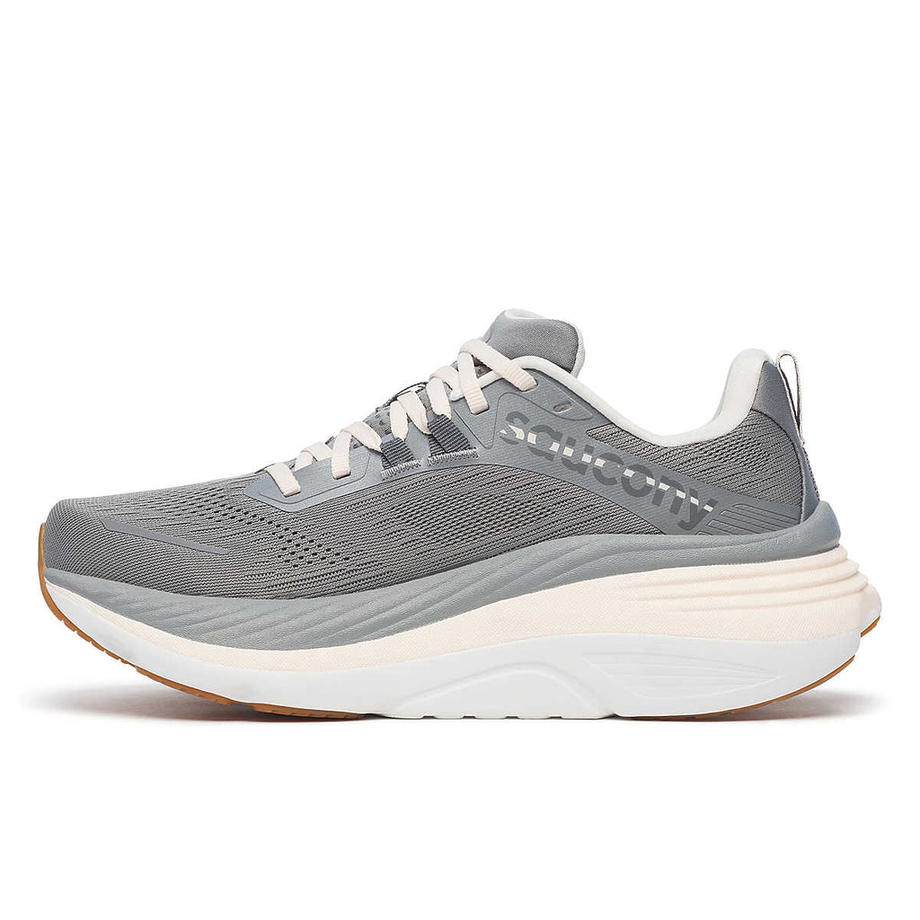 Women's Saucony Hurricane 24. Grey upper. White/Off White midsole. Medial view.