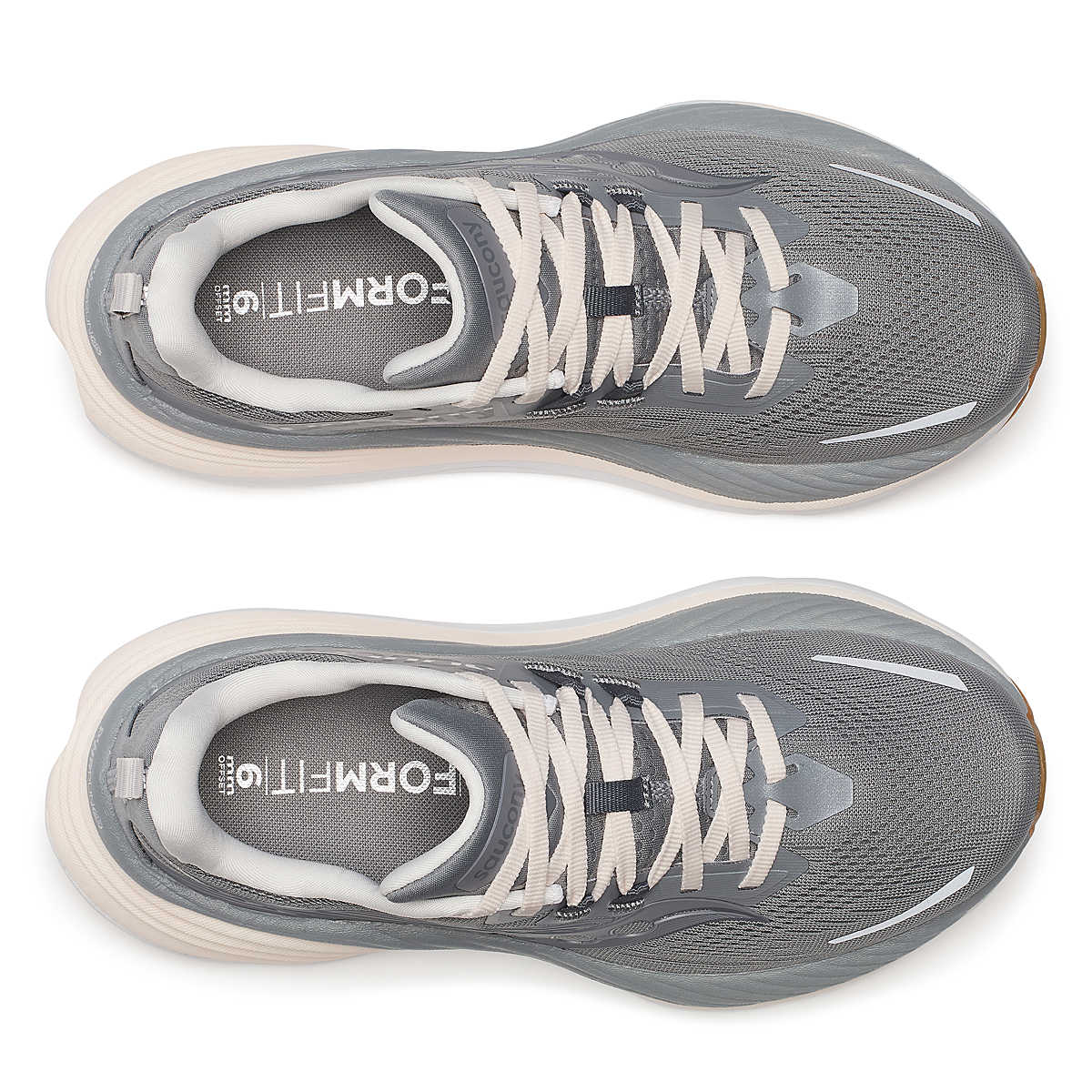 Women's Saucony Hurricane 24. Grey upper. White/Off White midsole. Top view.