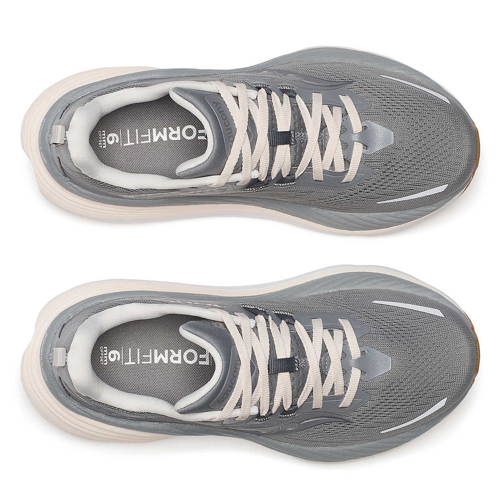 Women's Saucony Hurricane 24. Grey upper. White/Off White midsole. Top view.