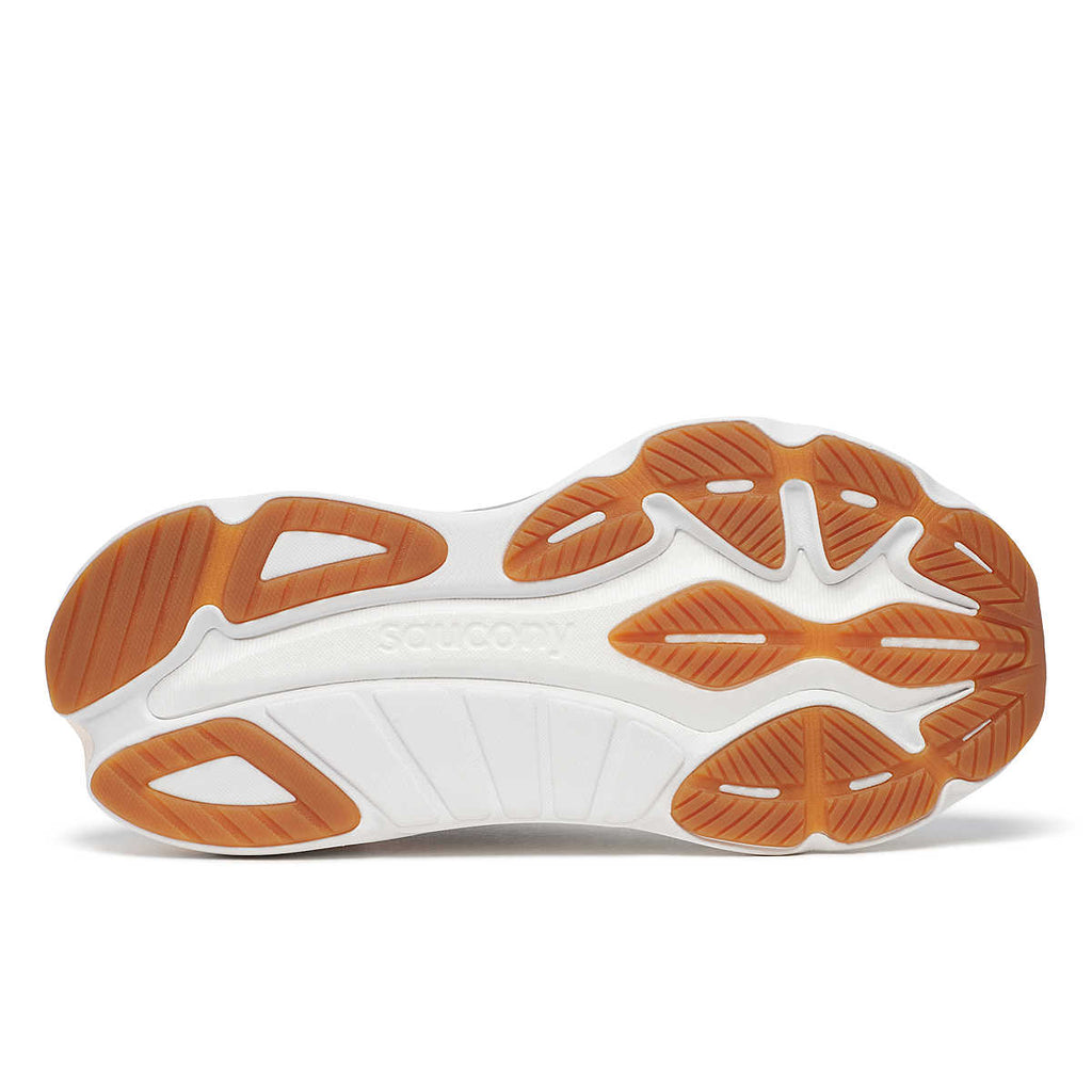 Women's Saucony Hurricane 24. Grey upper. White/Off White midsole. Bottom view.