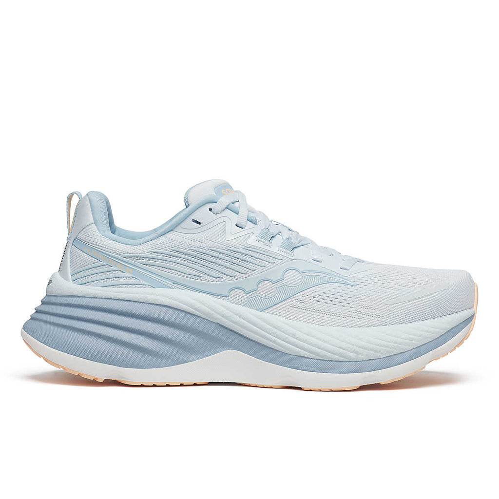 Women's Saucony Hurricane 24. Light Blue upper. White/Blue midsole. Lateral view.