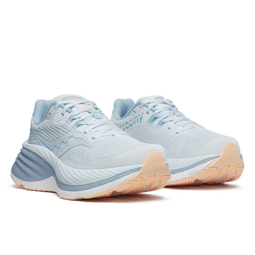 Women's Saucony Hurricane 24. Light Blue upper. White/Blue midsole. Lateral view.