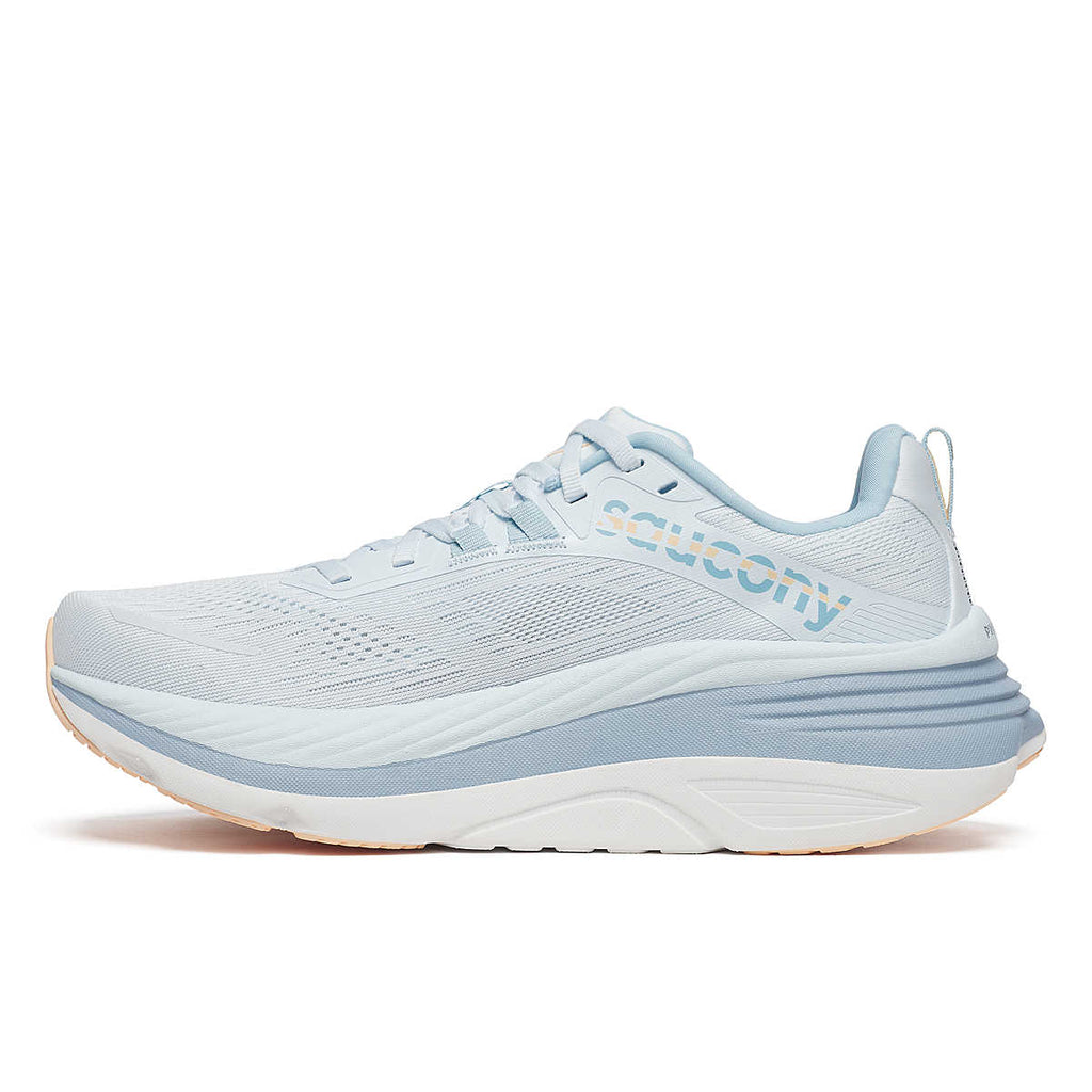 Women's Saucony Hurricane 24. Light Blue upper. White/Blue midsole. Medial view.