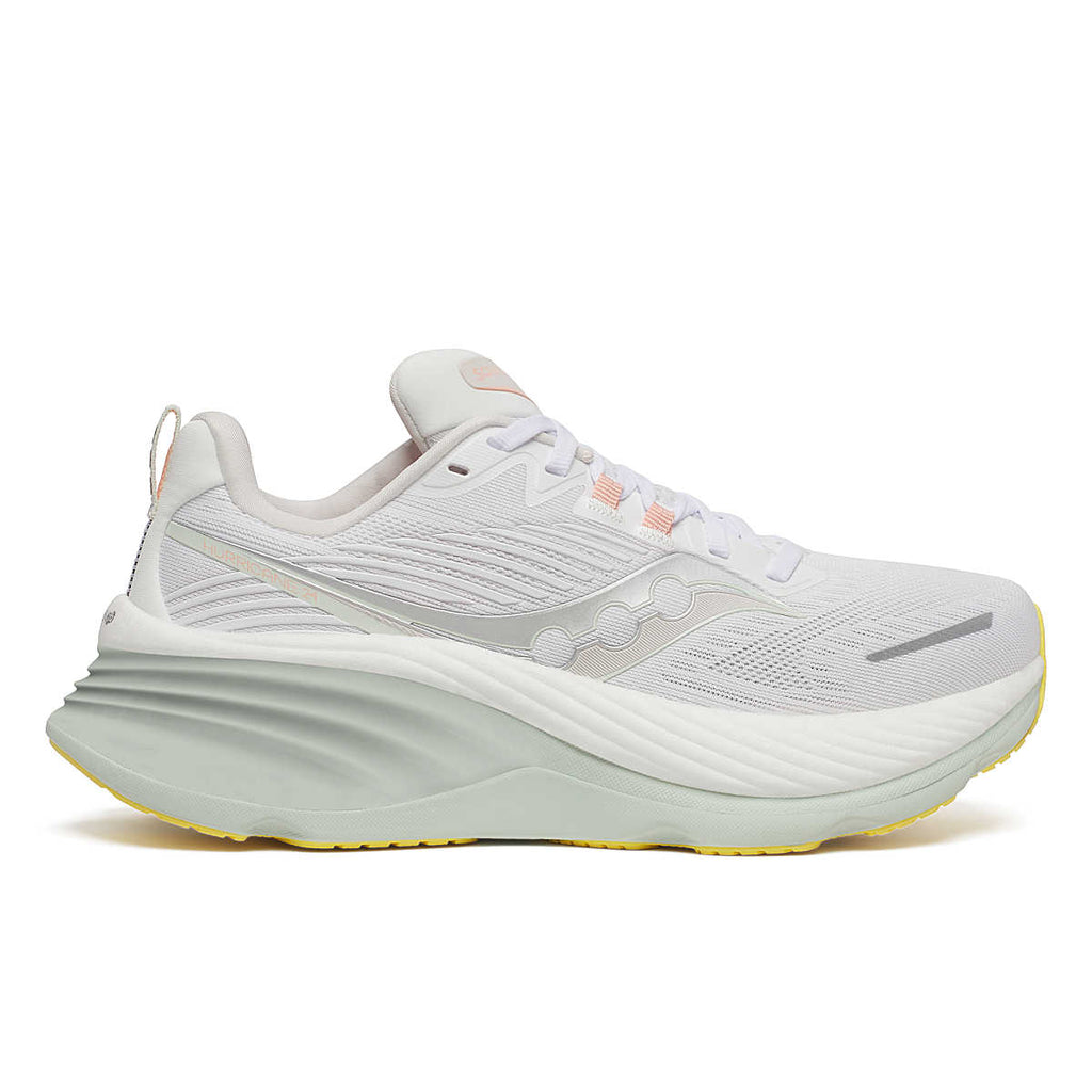 Women's Saucony Hurricane 24. White upper. White midsole. Lateral view.