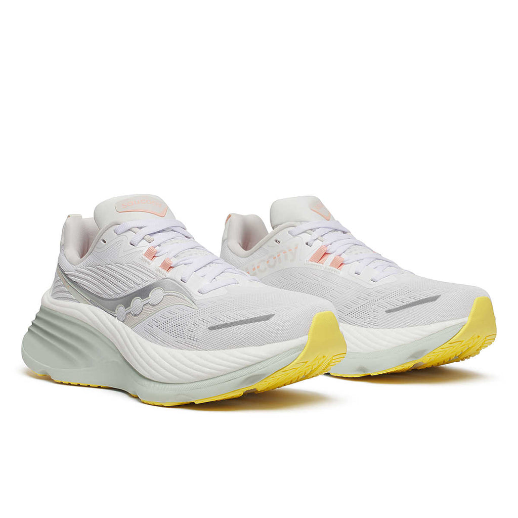 Women's Saucony Hurricane 24. White upper. White midsole. Lateral view.