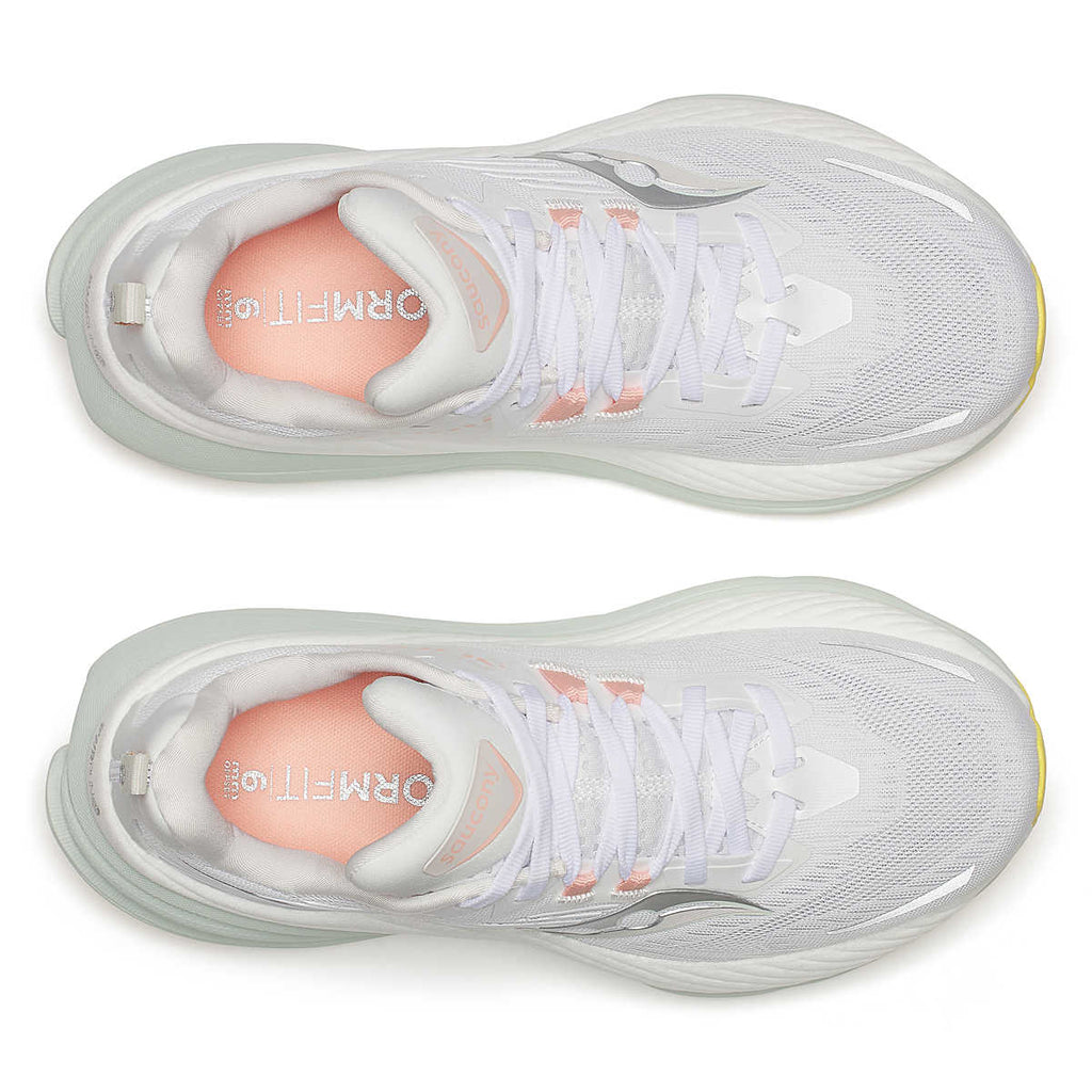 Women's Saucony Hurricane 24. White upper. White midsole. Top view.