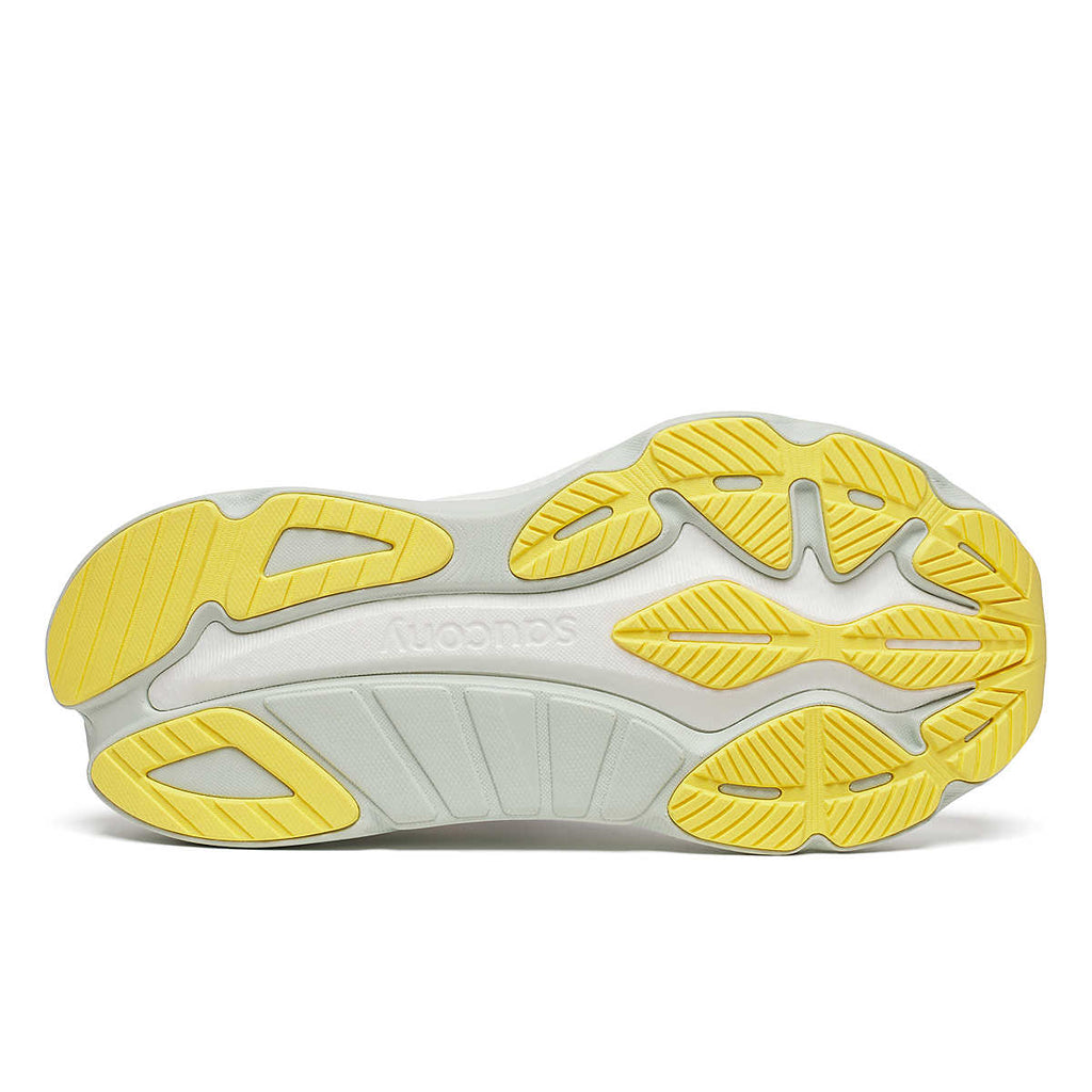 Women's Saucony Hurricane 24. White upper. White midsole. Bottom view.