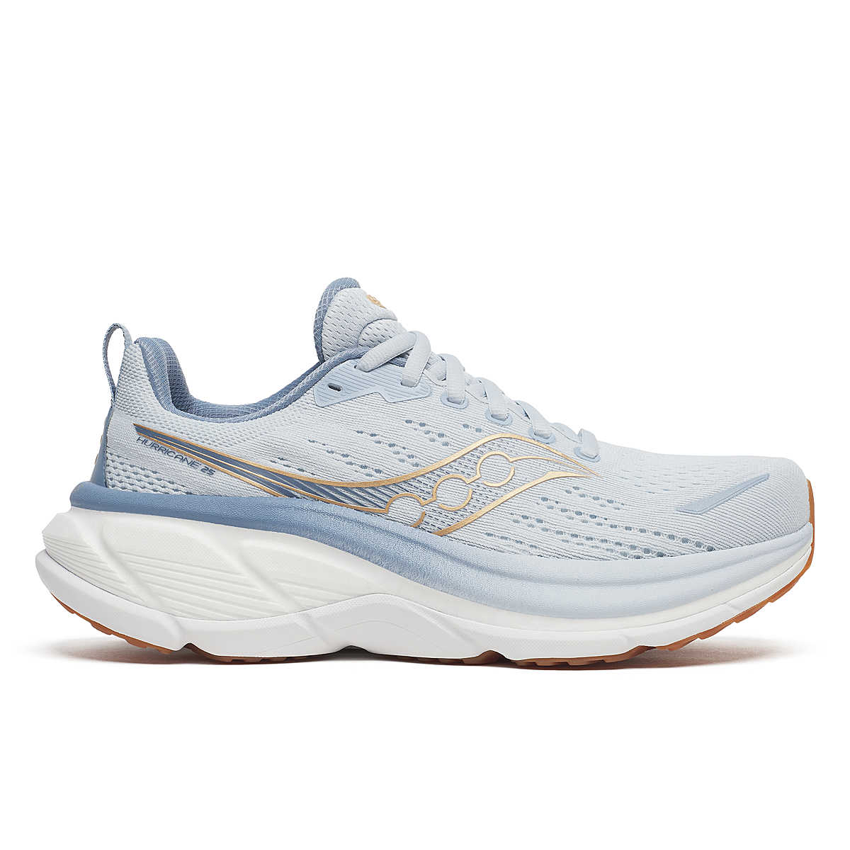 Women's Saucony Hurricane 25. Light blue upper. White midsole. Lateral view.