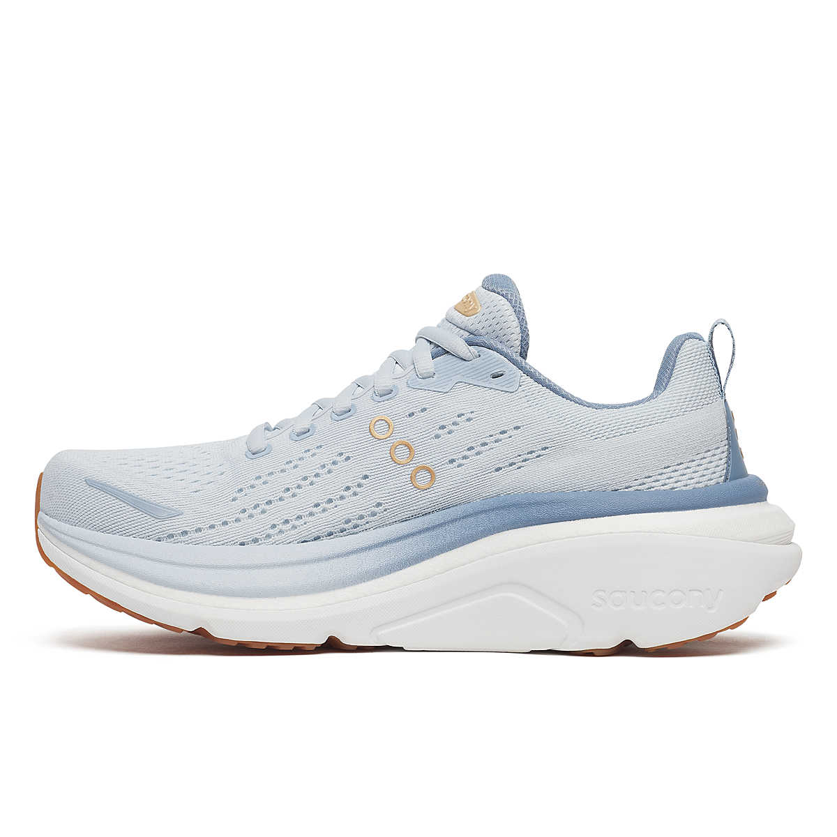 Women's Saucony Hurricane 25. Light blue upper. White midsole. Medial view.