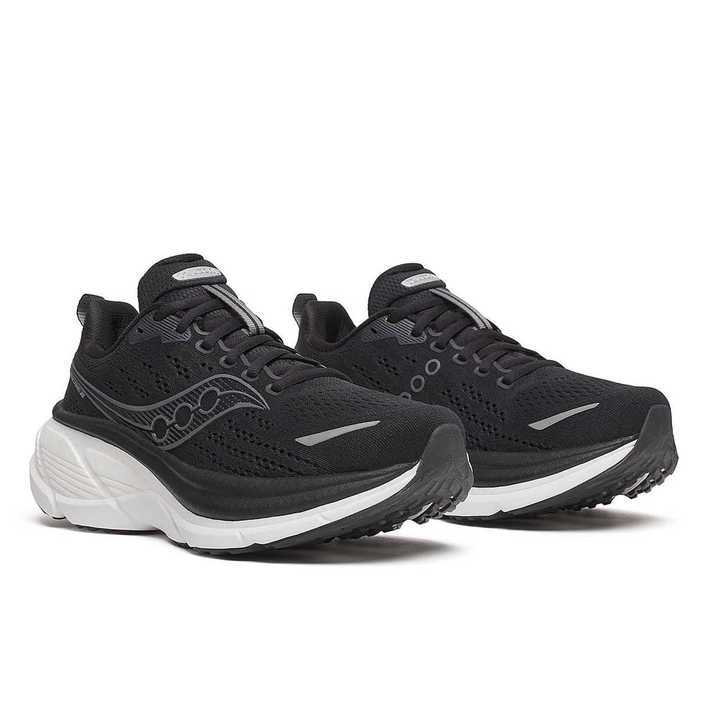Women's Saucony Hurricane 25. Black upper. Black/White midsole. Lateral view.