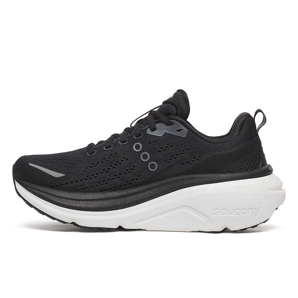 Women's Saucony Hurricane 25. Black upper. Black/White midsole. Medial view.