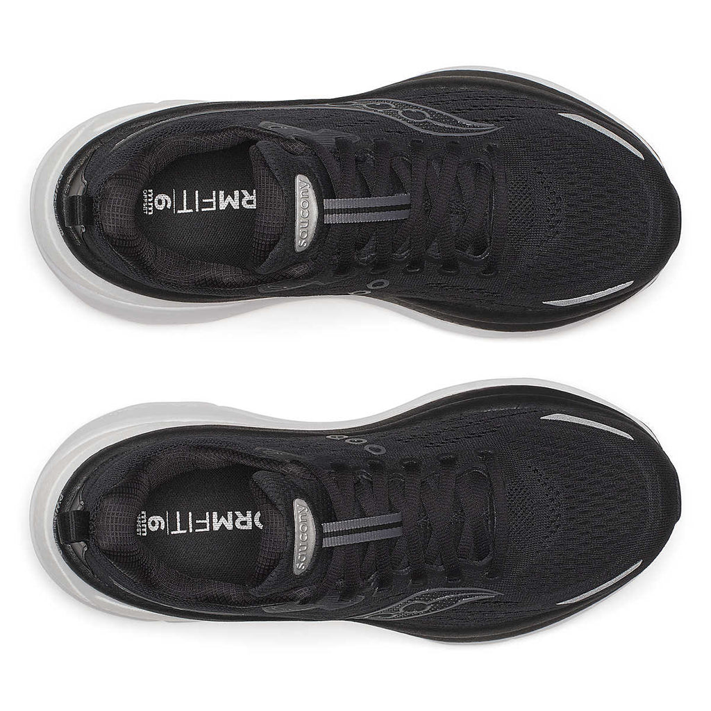 Women's Saucony Hurricane 25. Black upper. Black/White midsole. Top view.