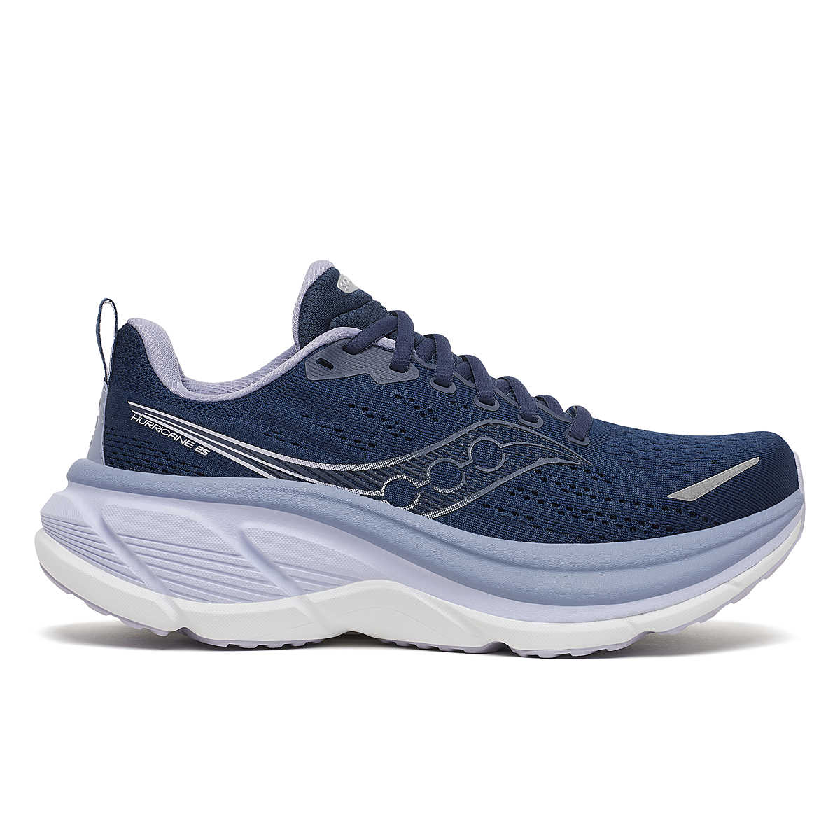 Women's Saucony Hurricane 25. Navy/Aster. Lateral view.