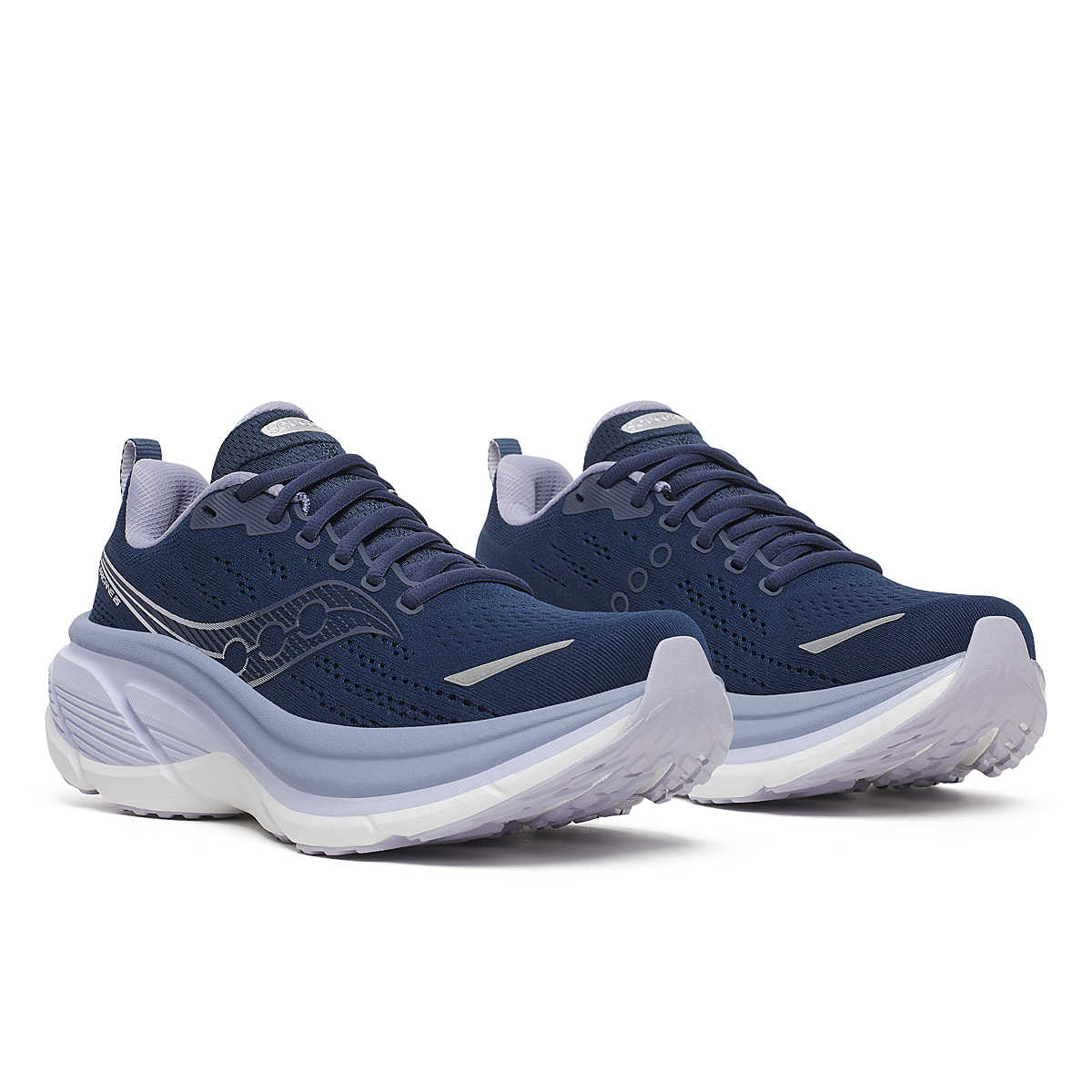 Women's Saucony Hurricane 25. Navy/Aster. Lateral view.