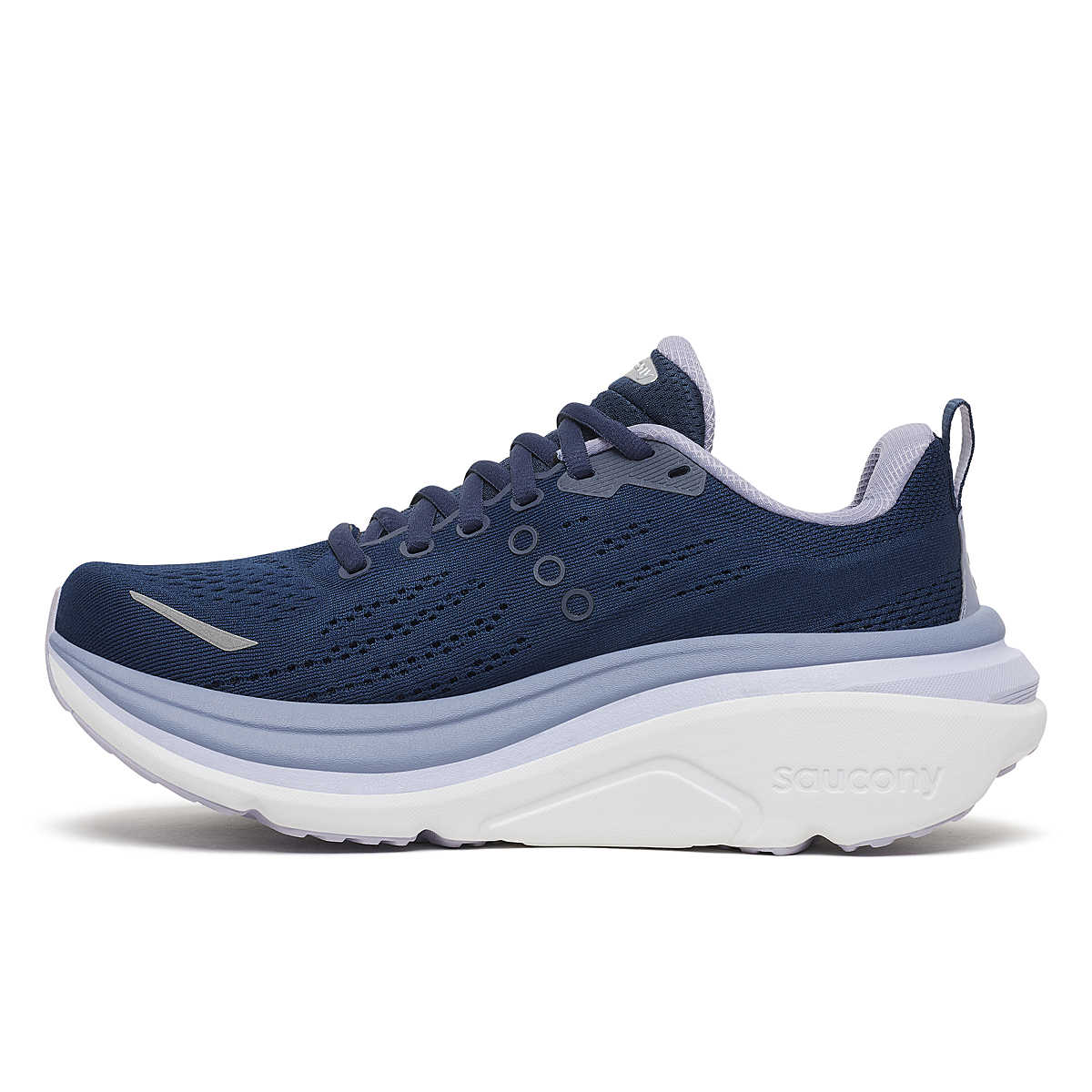 Women's Saucony Hurricane 25. Navy/Aster. Medial view.